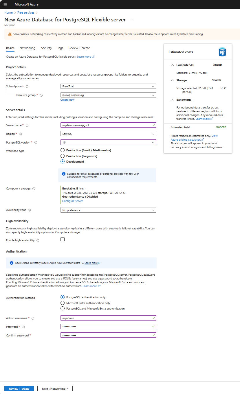 Screenshot der grundlegenden Einstellungen zum Erstellen einer Instanz von Azure Database for PostgreSQL – Flexibler Server.