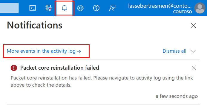 Screenshot: Status der Paket Core-Neuinstallation auf dem Bildschirm „Benachrichtigungen“ im Azure-Portal