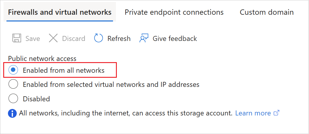 Screenshot der Azure-Portaleinstellungen für die Zugriffsebene des öffentlichen Netzwerks im Blob Storage.