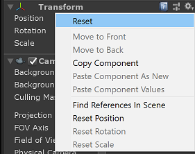 Screenshot des Unity Inspector für eine Transformationskomponente. Das Kontextmenü ist geöffnet, und „Zurücksetzen“ ist ausgewählt.