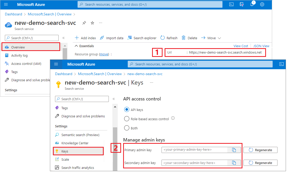 Screenshot of the URL and API keys in the Azure portal.