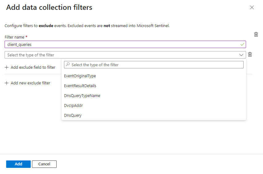 Screenshot: Erstellen eines Filters für den „Windows DNS-Ereignisse über AMA“-Connector