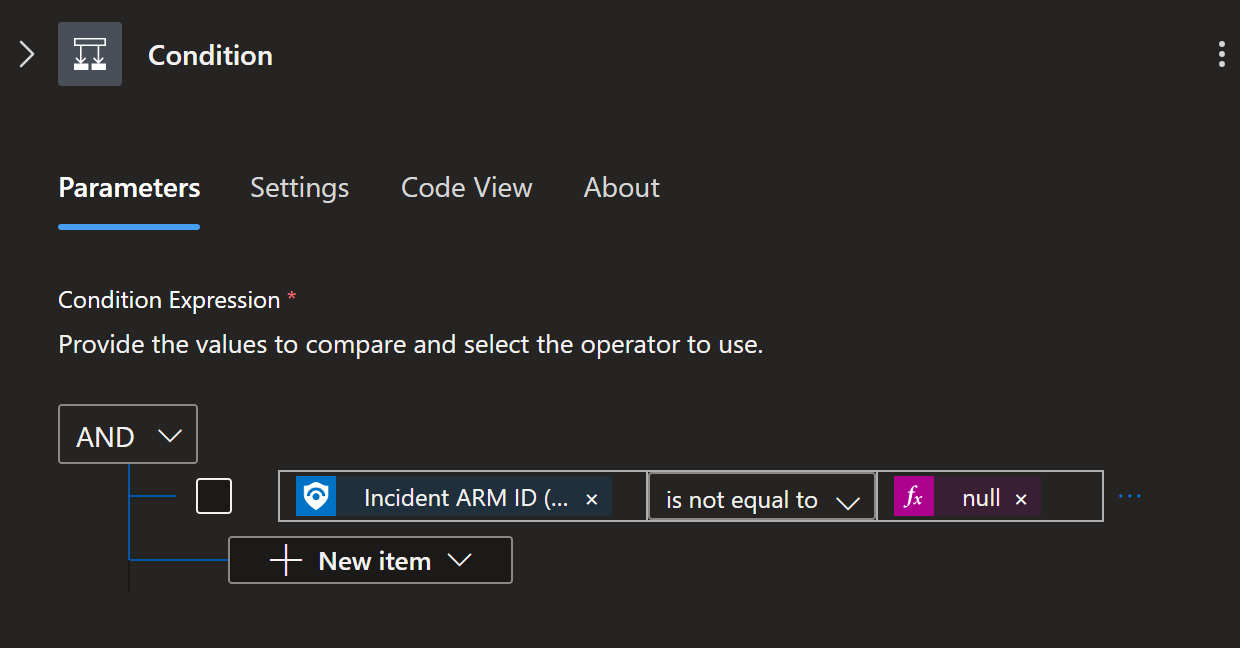 Screenshot der zusätzlichen Bedingung, die vor dem Feld „Incident ARM ID“ hinzugefügt werden soll.