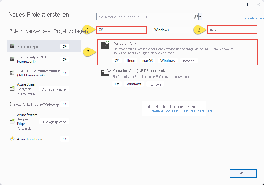 Image showing the Create a new project dialog box with C# and Console selected