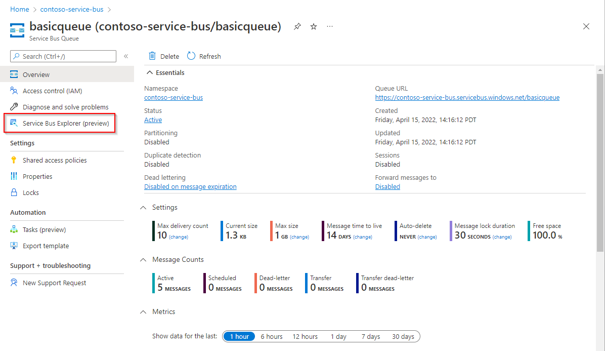 Screenshot: Warteschlangenseite, auf der Service Bus Explorer ausgewählt werden kann