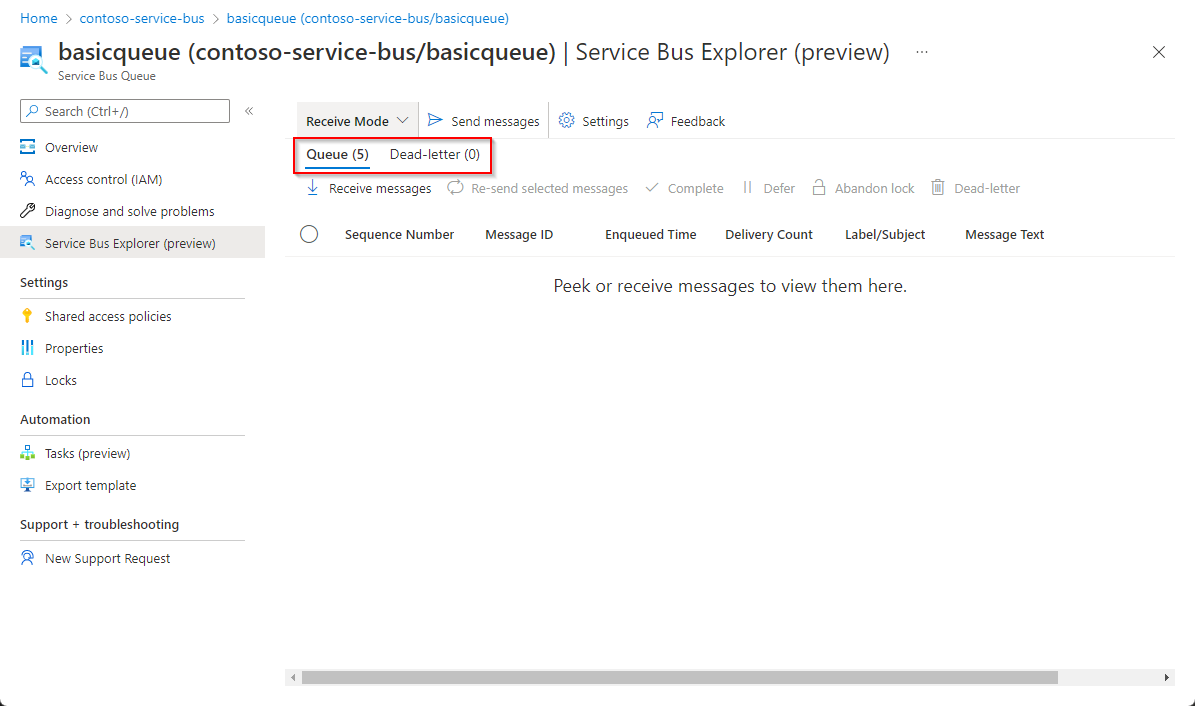 Screenshot: Registerkarten für die Warteschlange und die untergeordnete Warteschlange für unzustellbare Nachrichten mit angezeigten Nachrichtenmetriken für den Empfangsmodus