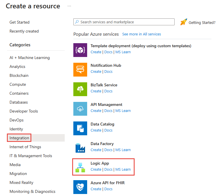 Screenshot des Logikappmenüs „Ressource erstellen -> Integration ->“.