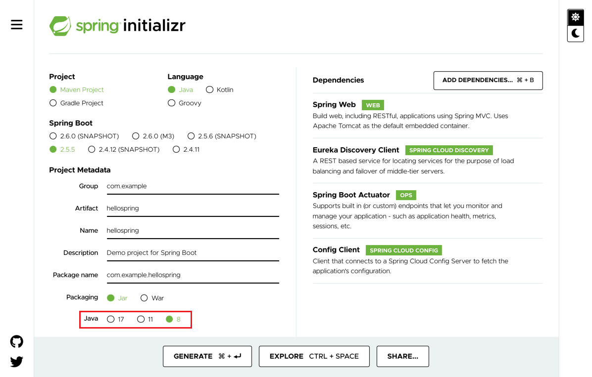 Screenshot der Seite „Spring Initializr“, auf der die empfohlenen Einstellungen angezeigt werden.