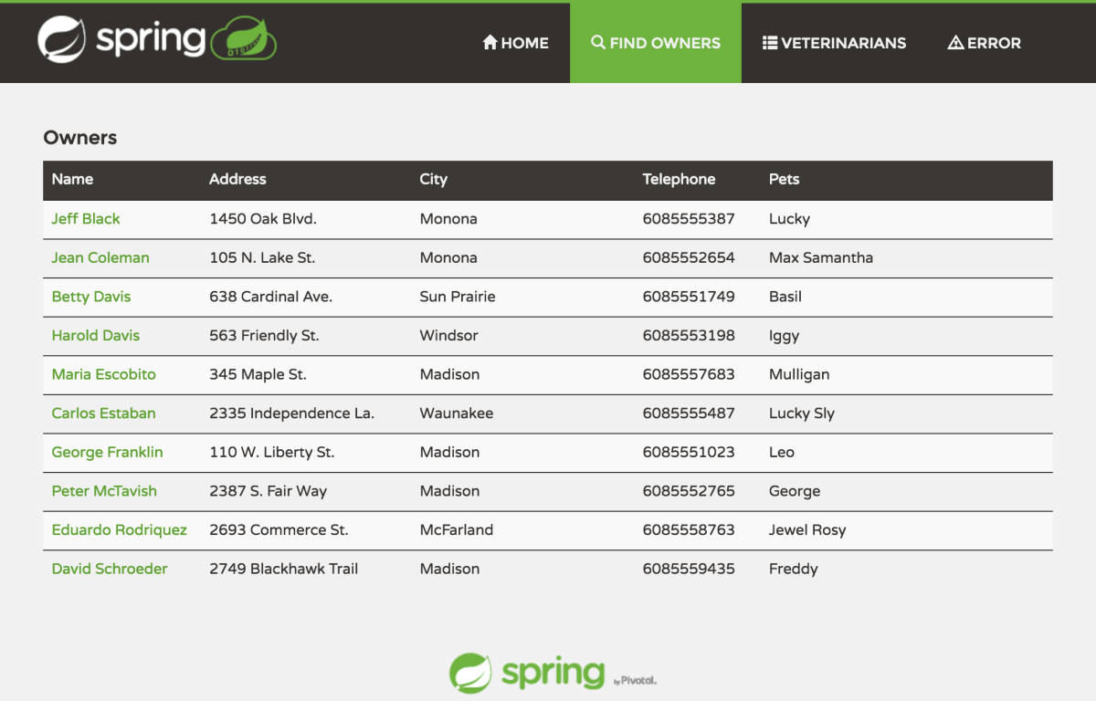 Screenshot einer Spring Petclinic-App in Azure Spring Apps.