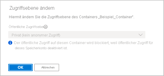 Screenshot showing that setting a container's anonymous access level is blocked when anonymous access disallowed for the account