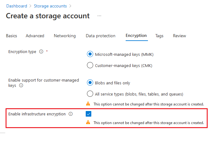 Screenshot der Aktivierung der Infrastrukturverschlüsselung beim Erstellen eines Kontos.