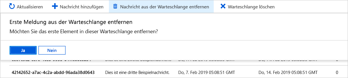 Screenshot: Entfernen einer Nachricht aus der Warteschlange über das Portal