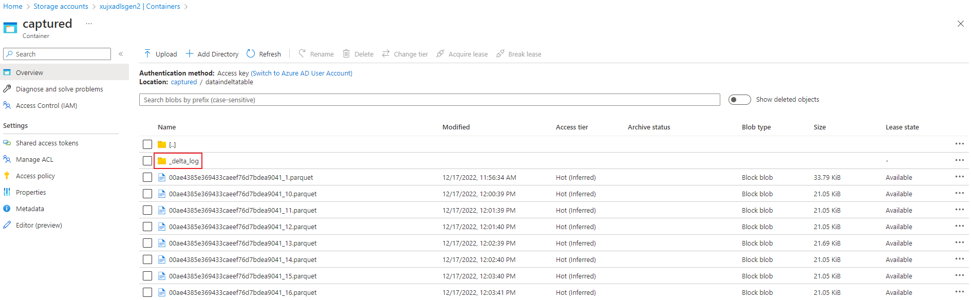 Screenshot der generierten Parquet-Dateien im ADLS-Container (Azure Data Lake Storage).
