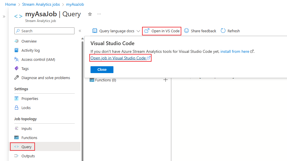 Öffnen eines Stream Analytics-Auftrags in Visual Studio Code