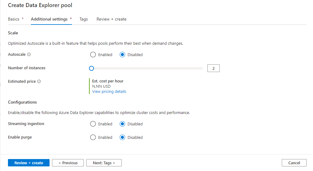 Erweiterte Einstellungen für einen neuen Data Explorer-Pool in Synapse Studio