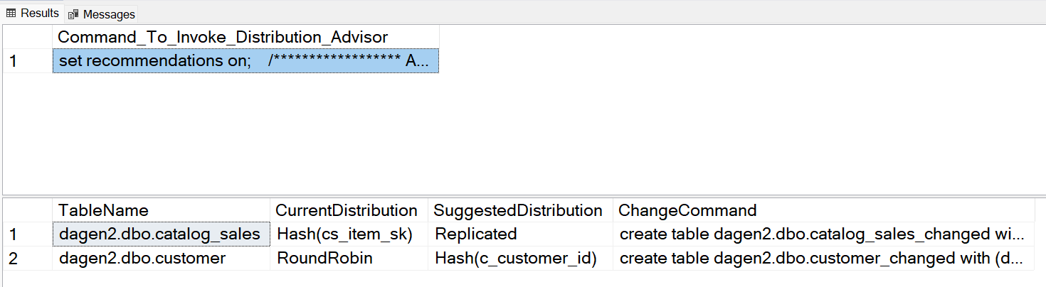 Screenshot der Ausgabe eines T-SQL-Ergebnisses, in dem der „Command_to_Invoke_Distribution_Advisor“ mit einem zweiten Resultset angezeigt wird, das die T-SQL-Befehle für die Tabellenänderung enthält.