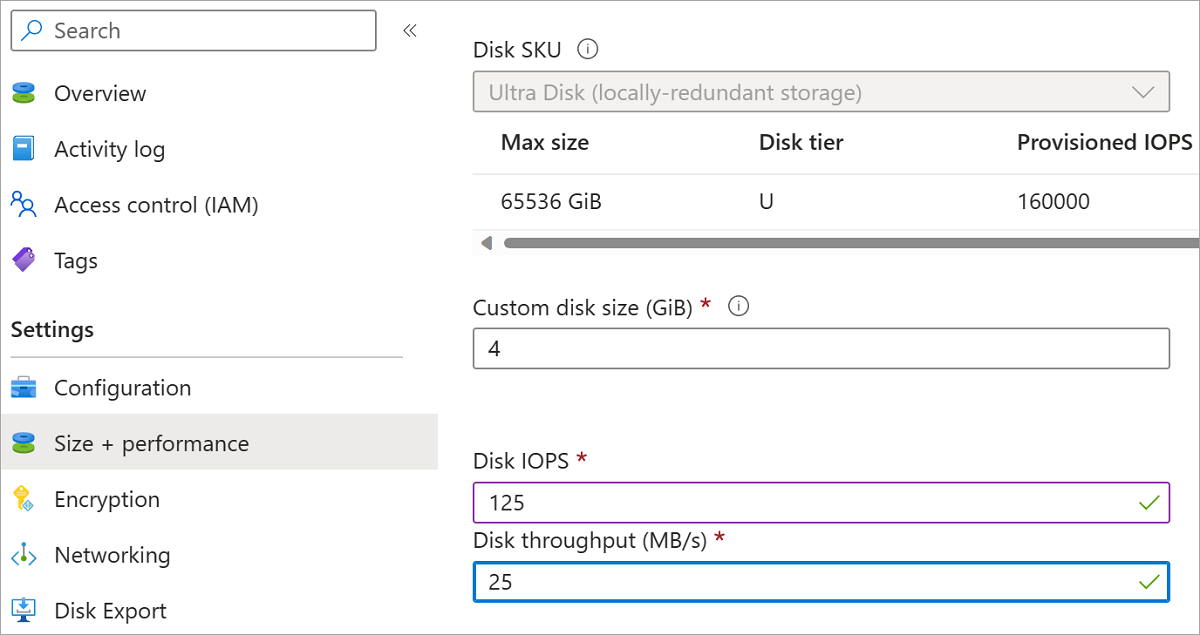 Screenshot des Konfigurationsblatts für Ihren Disk Ultra-Datenträger, auf dem die Optionen für Datenträgergröße, IOPS, Durchsatz und Speichern hervorgehoben sind.