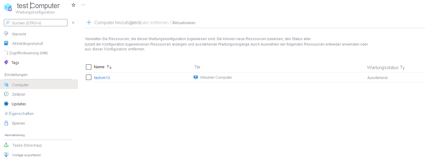 Screenshot: Überprüfen einer Wartungskonfiguration im Azure-Portal