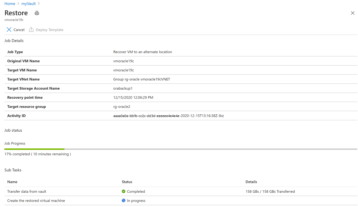 Screenshot mit detaillierten Statusinformationen zu einem Wiederherstellungsprozess.