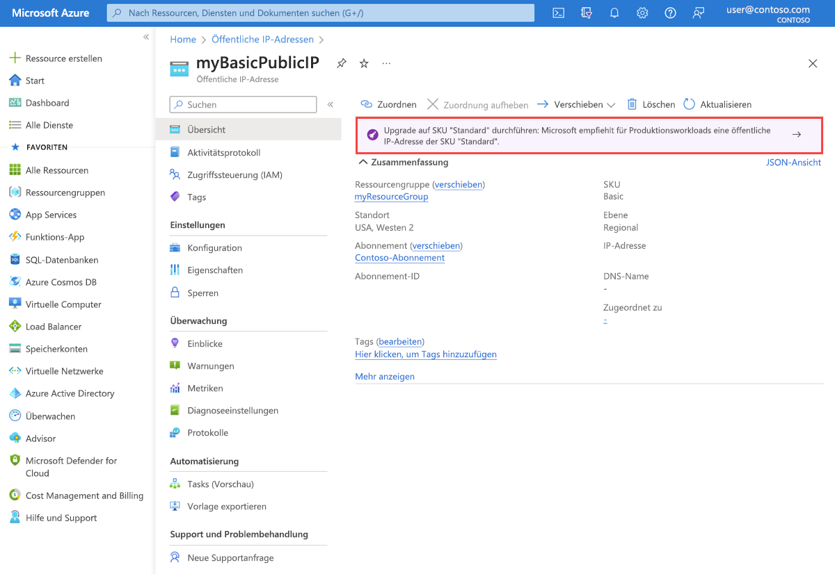Screenshot mit dem Upgrade-Banner im Azure-Portal, das zum Aktualisieren der grundlegenden IP-Adresse verwendet wird.