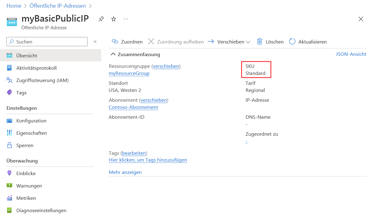 Screenshot zeigt, dass die öffentliche IP-Adresse eine Standard-SKU hat.