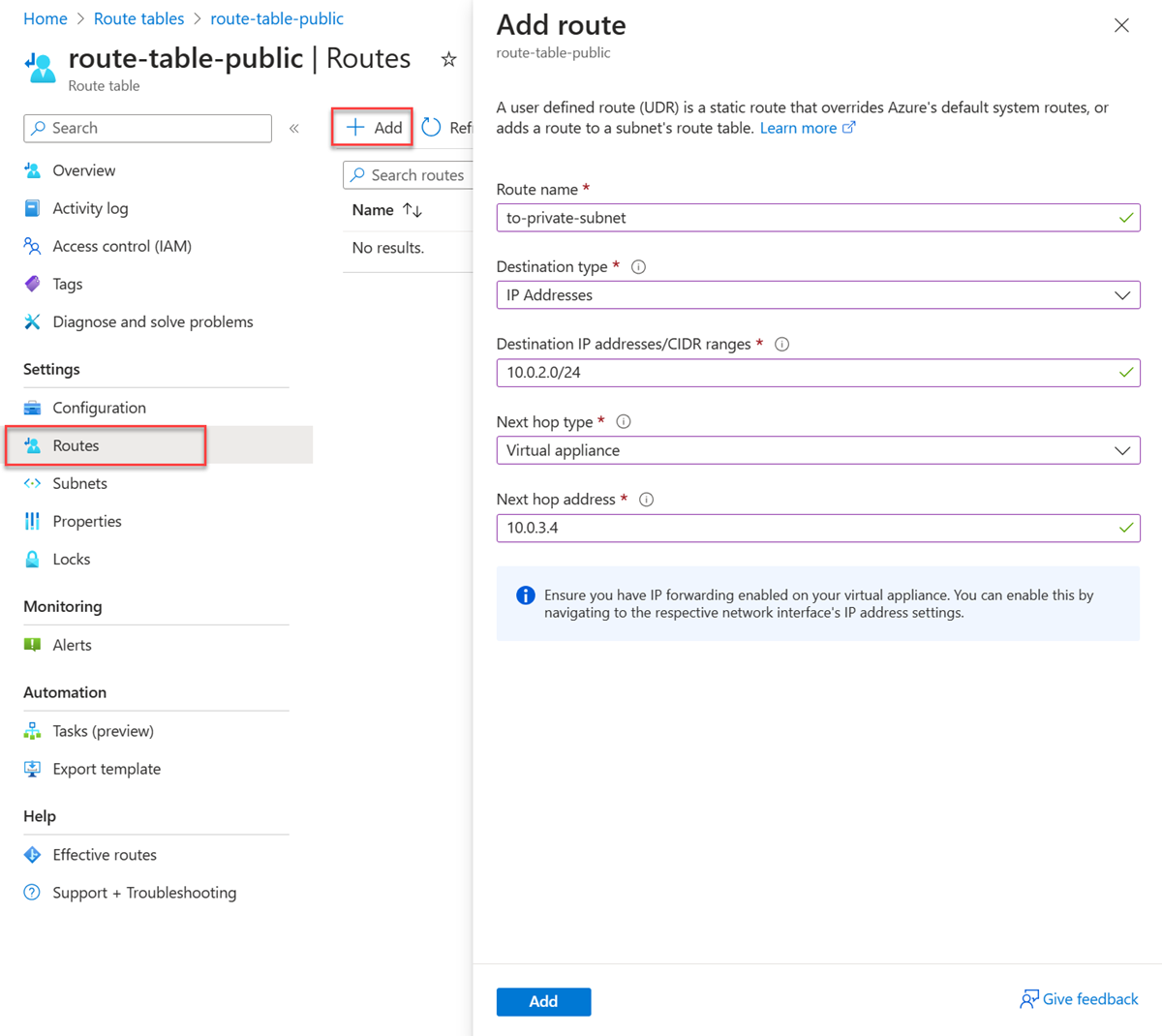 Screenshot: Routenerstellung in der Routingtabelle