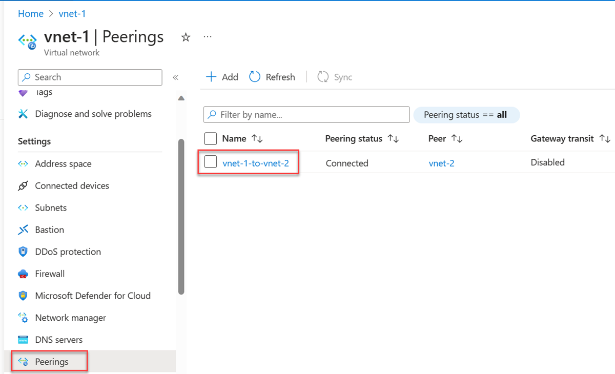 Screenshot of select a peering to change settings from the virtual network.