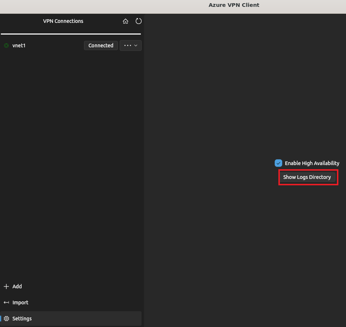 Screenshot des VPN-Clients mit der Option „Protokollverzeichnis anzeigen“.