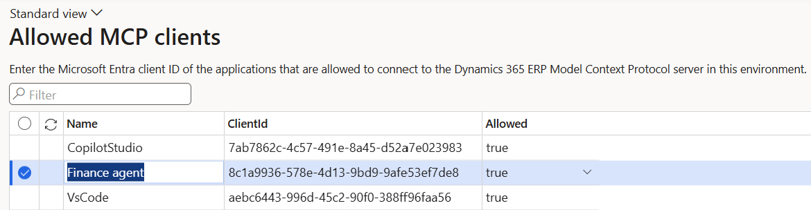 Screenshot of the allowed mcp clients.