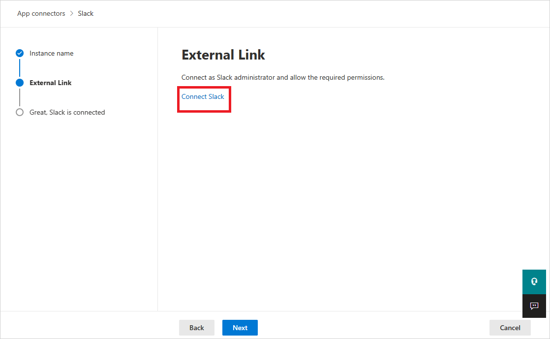 Screenshot, der zeigt, wo Sie den externen Link eingeben und eine Verbindung mit Slack herstellen.
