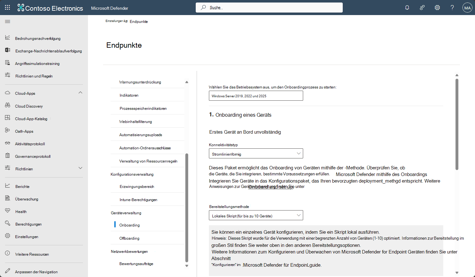 Screenshot: Onboardingbildschirm für Windows Server 2019 und höher in Defender für Endpunkt