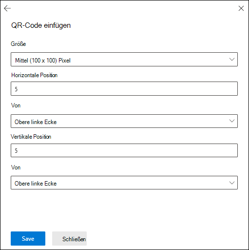 Das Flyout „QR-Code einfügen“ auf der Seite „Payload konfigurieren“ des Assistenten zur Erstellung einer neuen Payload.