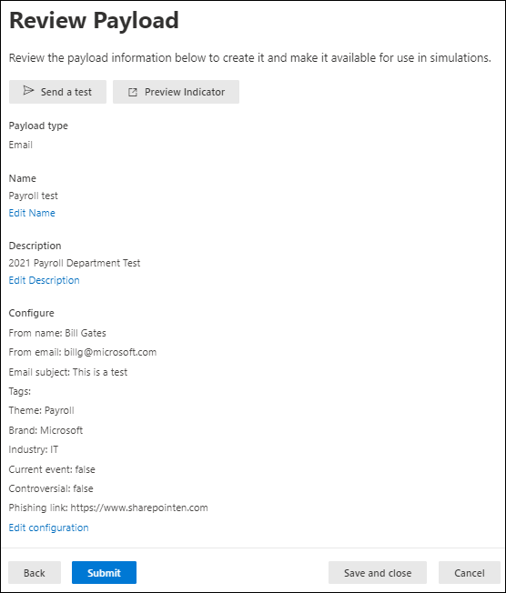Die Seite „Payload überprüfen“ im Angriffssimulationstraining im Microsoft Defender-Portal
