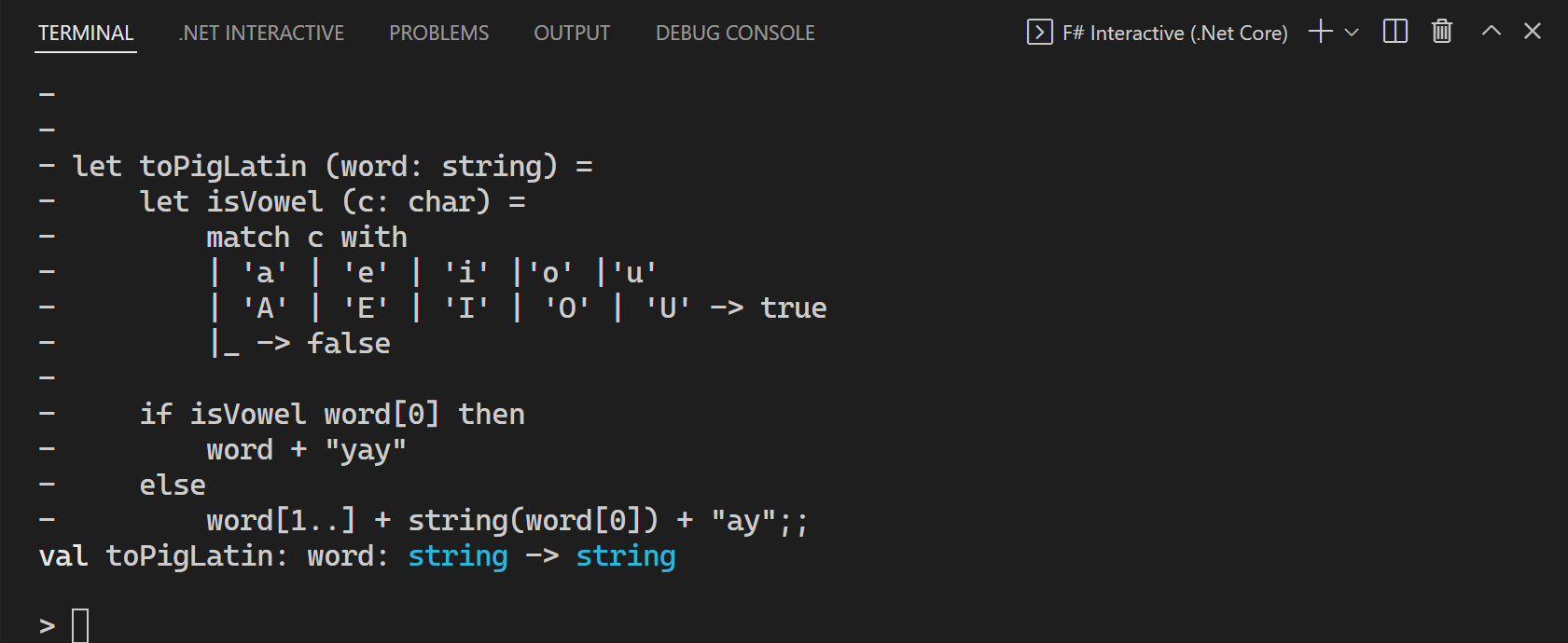 Beispiel einer F# Interactive-Ausgabe mit Ionide