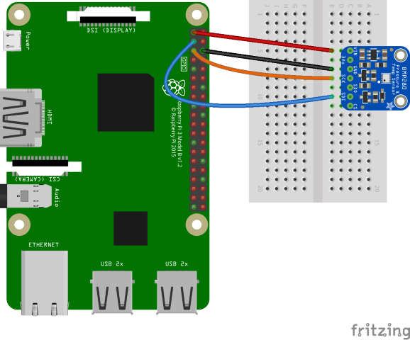Ein Fritzing-Diagramm mit der Verbindung zwischen Raspberry Pi und BME280 Breakout board