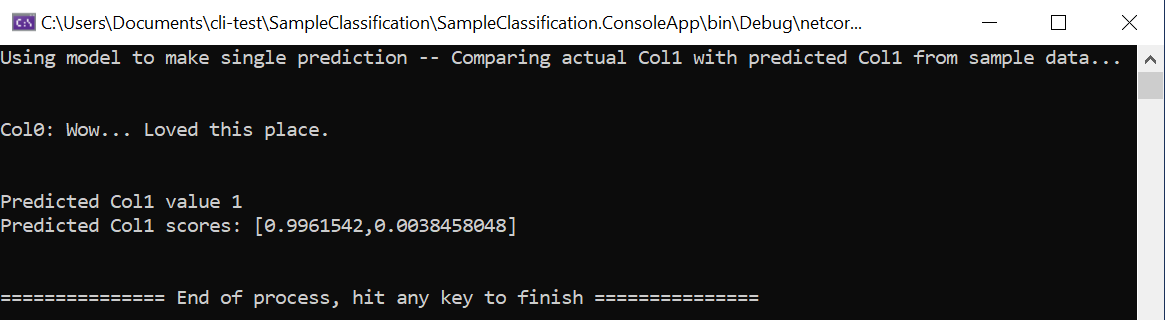 Ausführen der App über die ML.NET CLI in Visual Studio