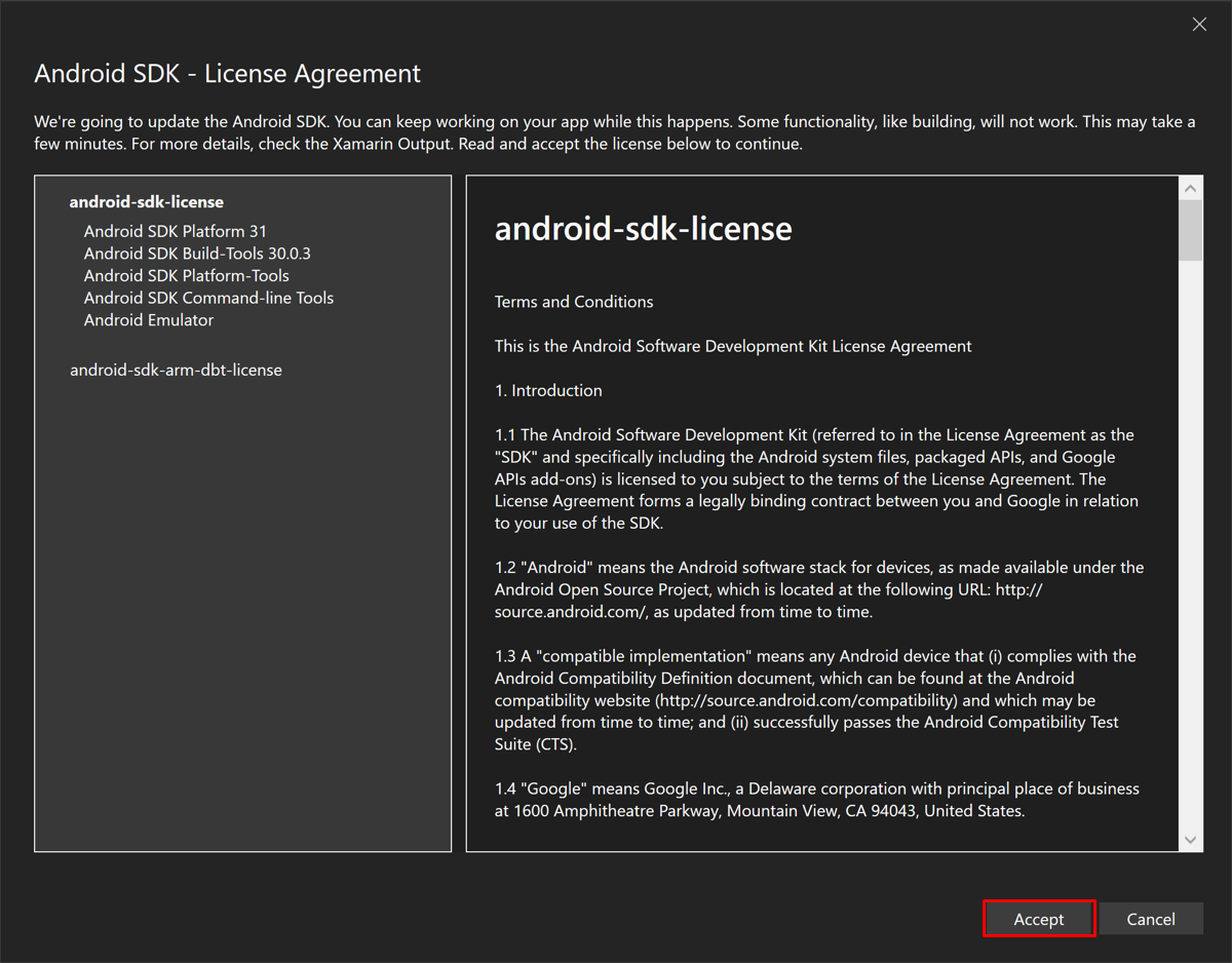 Fenster „Erster Android SDK-Lizenzvertrag“.