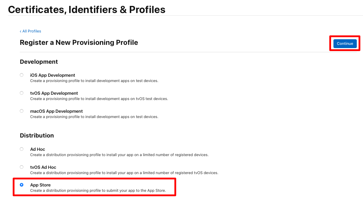 Registrieren Sie ein Bereitstellungsprofil für die App Store-Verteilung.