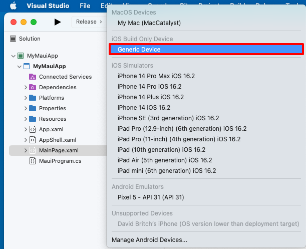 Wählen Sie Ihr Buildgerät in Visual Studio für Mac aus.