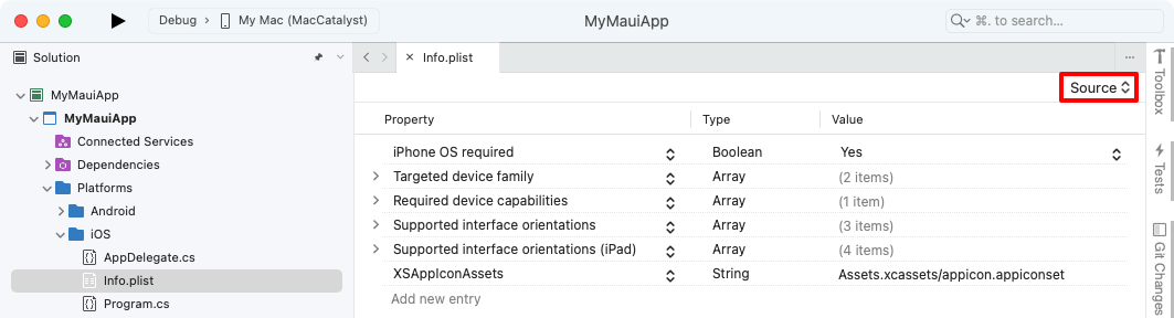 Screenshot of Info.plist editor source view in Visual Studio for Mac.