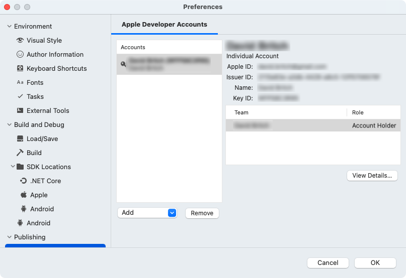 Apple Developer Account added to Visual Studio.