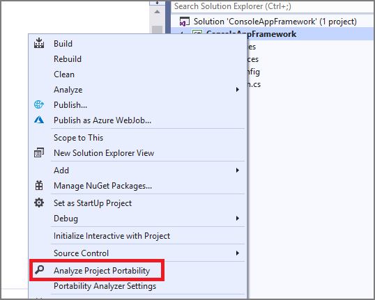 Screenshot von Portability Analyzer aus dem Projektmappen-Explorer.