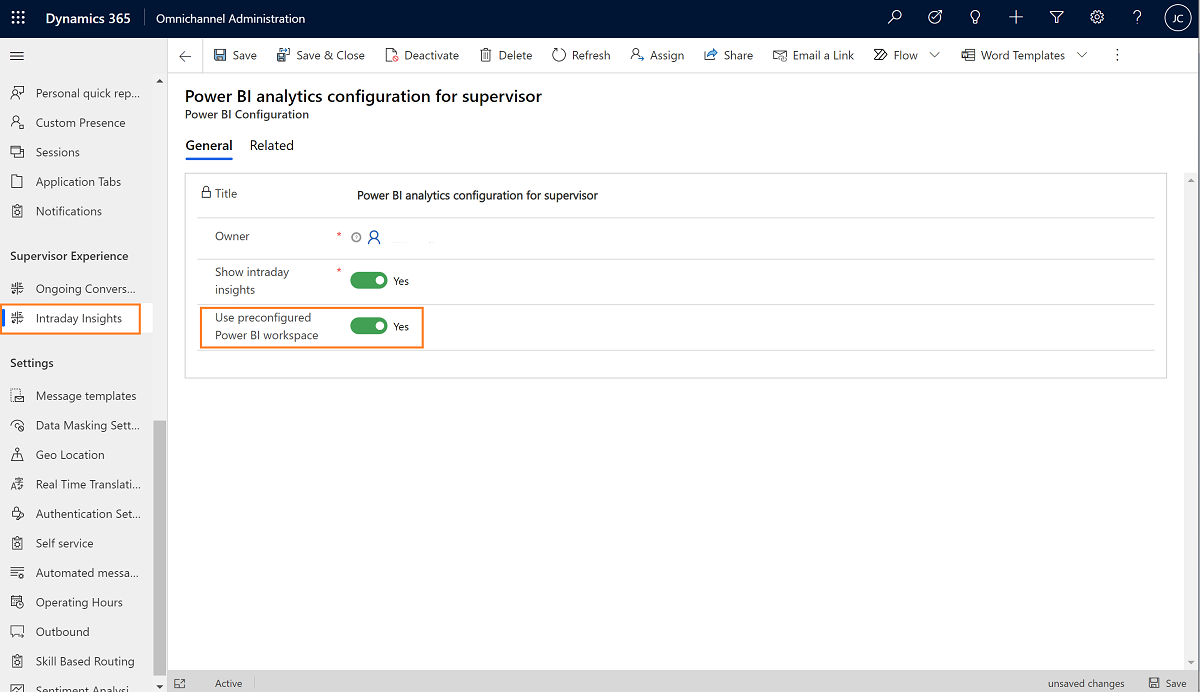 Seite mit den vorkonfigurierten Konfigurationseinstellungen des Power BI Arbeitsbereichs.