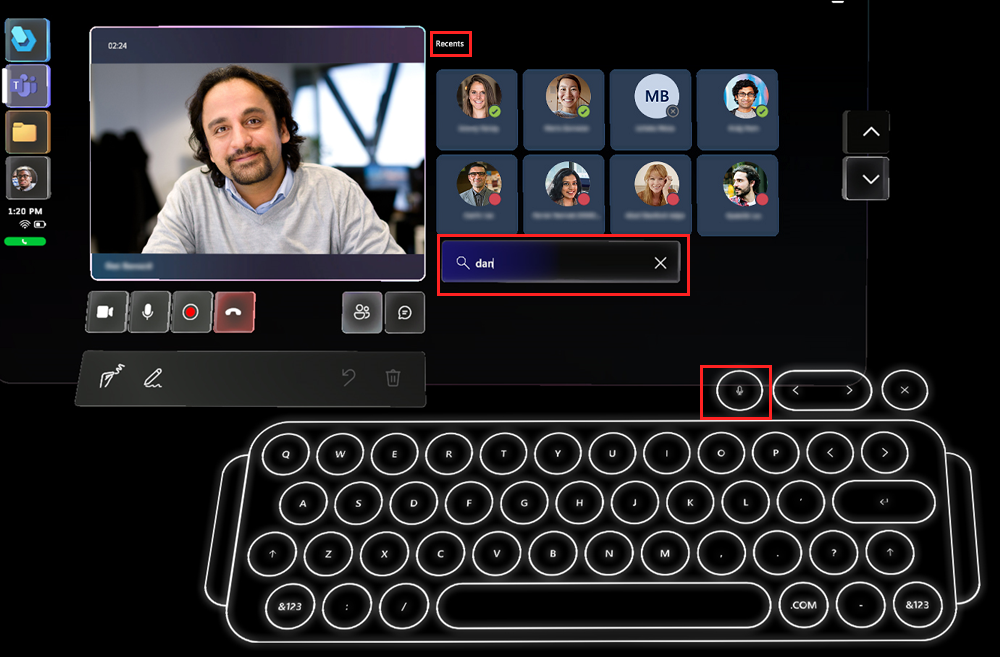 Screenshot der Liste „Zuletzt verwendet“ mit Suchfeld und Anzeige der Tastatur holografisch.
