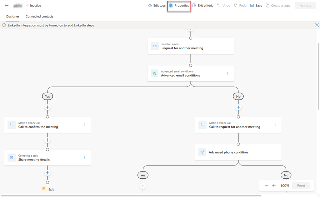 Screenshot der Sequenzseite mit der Option „Eigenschaften“