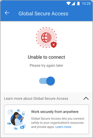 Screenshot eines globalen Clients für den sicheren Zugriff, der keine Verbindung herstellen kann.
