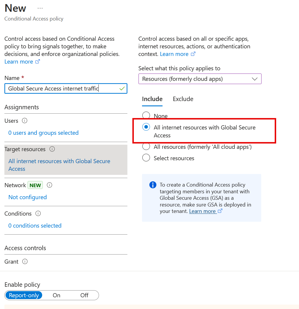 Screenshot, das eine Richtlinie für bedingten Zugriff zeigt, die auf ein Datenverkehrsprofil abzielt.