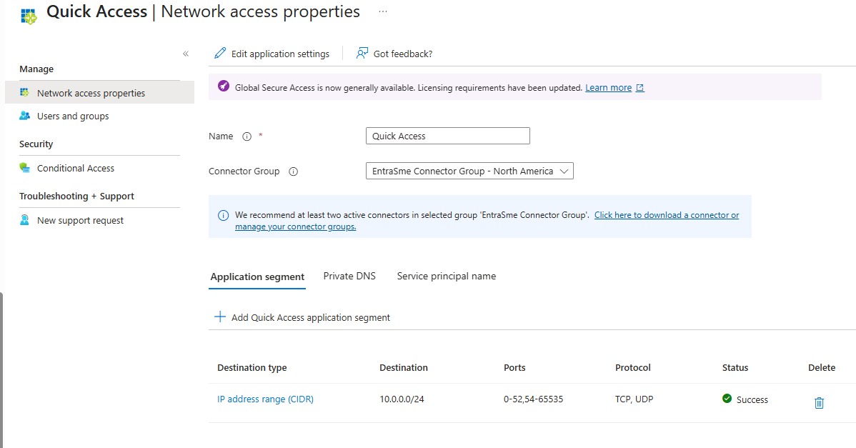 Screenshot der Vpn-Ersatzkonfiguration für den Schnellzugriff mit Netzwerksegmenten und Porteinstellungen.