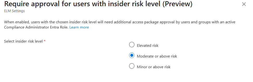 Screenshot der Insider-Risikostufe-Einstellungen in Entitlement Management.