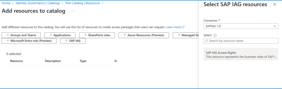 Screenshot des Hinzufügens von SAP IAG als Ressource zum Katalog.